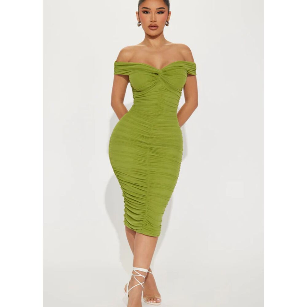 Fashion Nova The Tink Midi Dress Green Ruched Mesh Bodycon Dress Large
